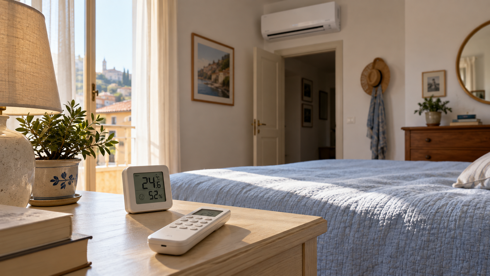 Telecomando di un climatizzatore accanto a un termometro in una camera luminosa con split a parete