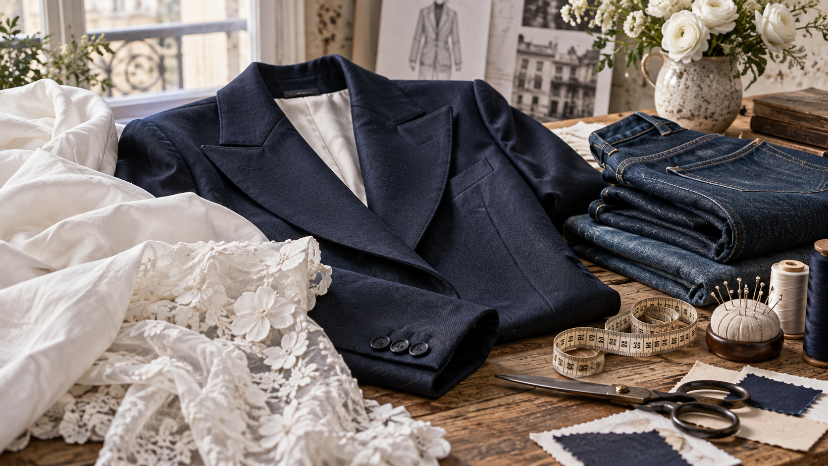 Composizione editoriale con giacca sartoriale blu, tessuti bianchi e denim su un tavolo di atelier