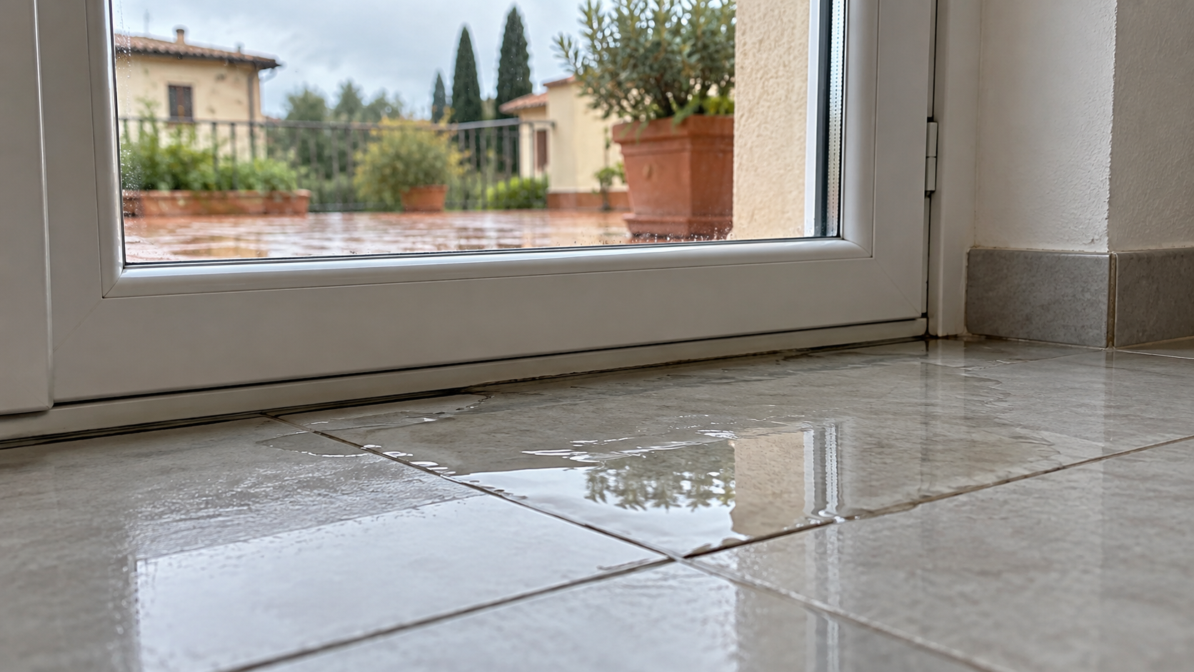 Piccola zona bagnata sul pavimento interno accanto alla soglia di una portafinestra chiusa
