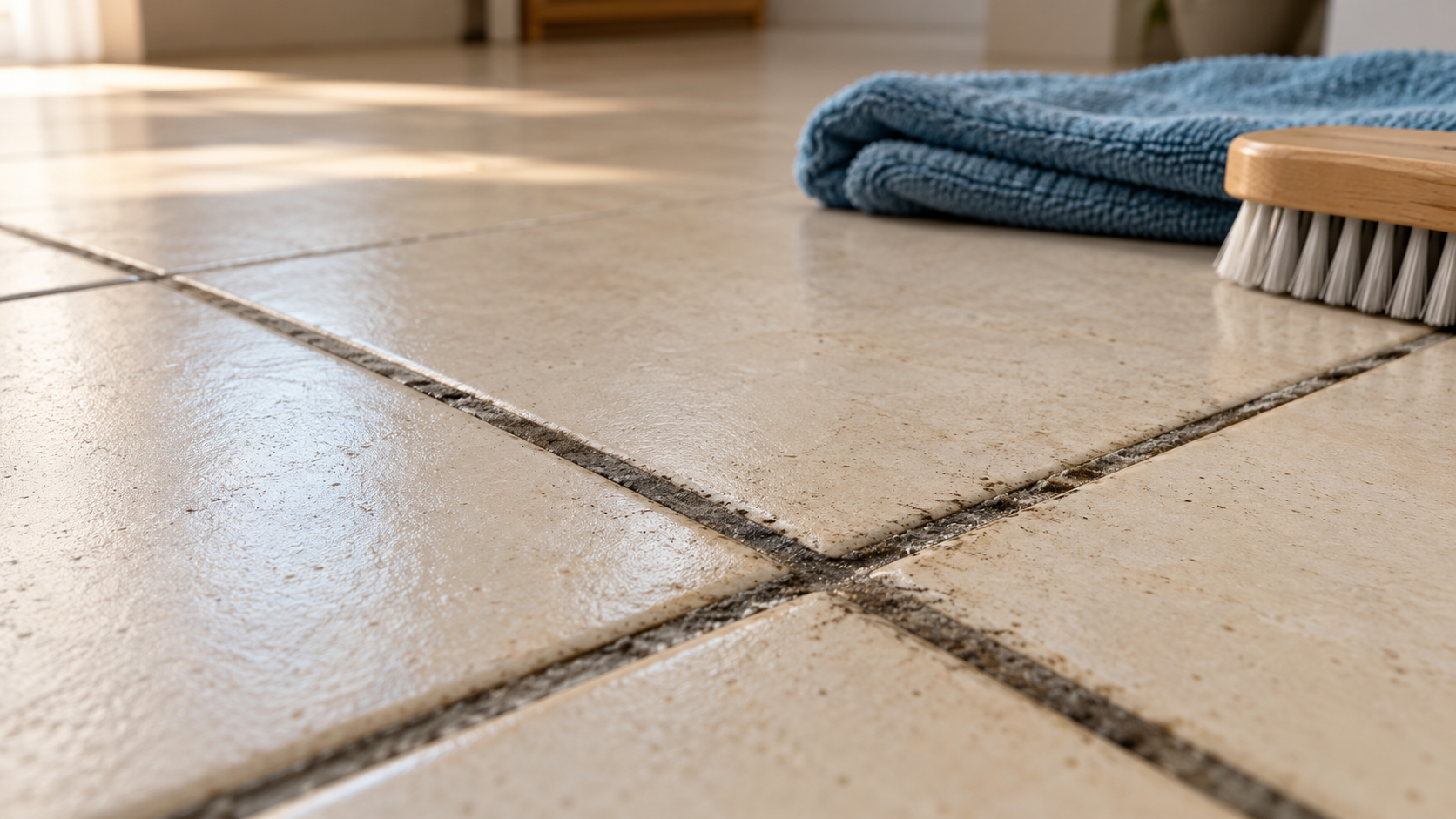 Fughe scure tra piastrelle chiare di un pavimento, con panno in microfibra e spazzola sullo sfondo